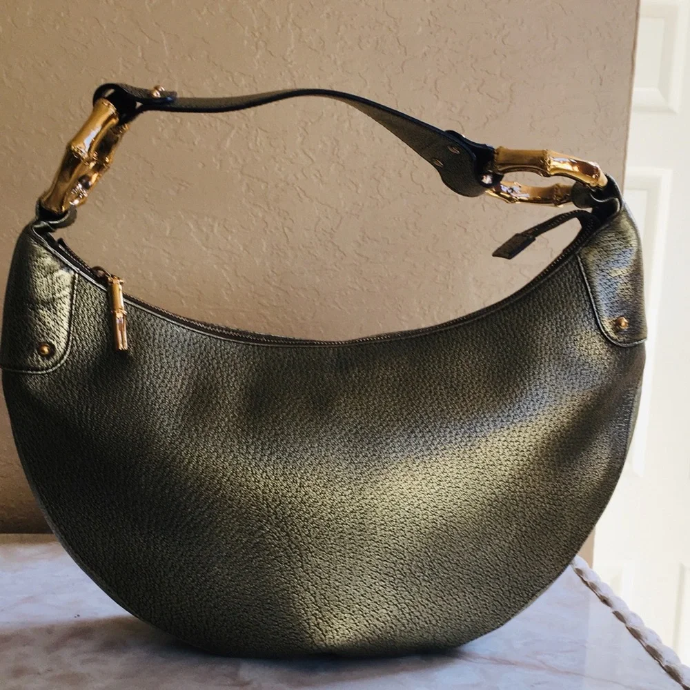 Metallic Olive Green Hobo Bag with Bamboo-Style Accents